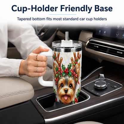 #pl[40oz|White] Christmas Yorkie 40oz Tumbler with Handle, Reindeer Dog Travel Cup