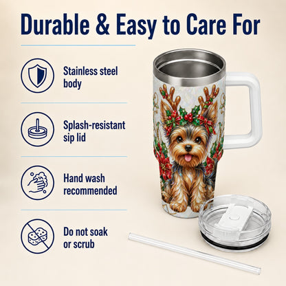 #pl[40oz|White] Christmas Yorkie 40oz Tumbler with Handle, Reindeer Dog Travel Cup