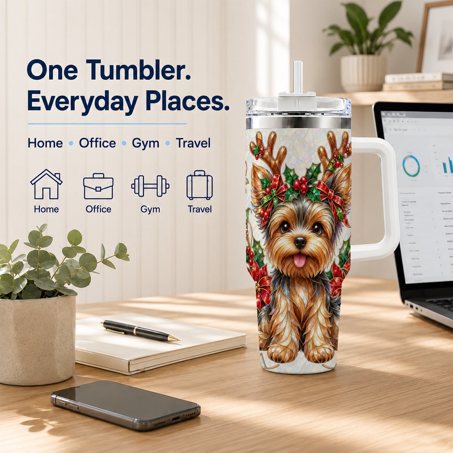 #pl[40oz|White] Christmas Yorkie 40oz Tumbler with Handle, Reindeer Dog Travel Cup