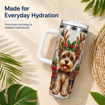 #pl[40oz|White] Christmas Yorkie 40oz Tumbler with Handle, Reindeer Dog Travel Cup