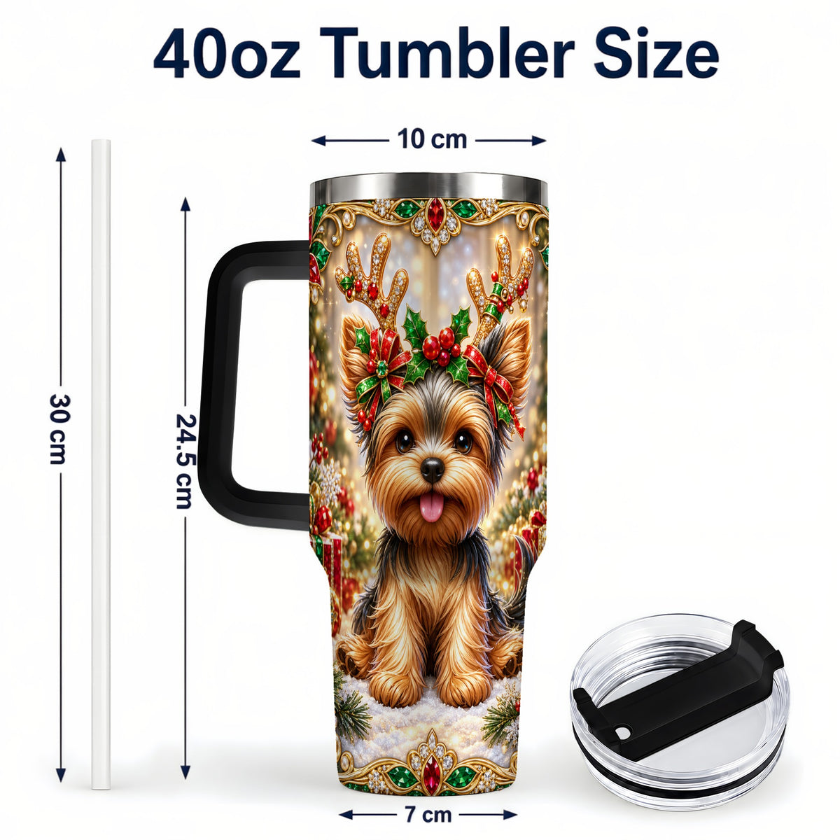 #pl[40oz|Black] Christmas Yorkie 40oz Tumbler with Handle, Reindeer Dog Travel Cup