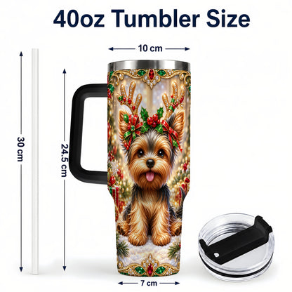 #pl[40oz|Black] Christmas Yorkie 40oz Tumbler with Handle, Reindeer Dog Travel Cup