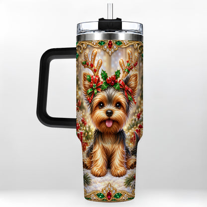 #pl[40oz|Black] Christmas Yorkie 40oz Tumbler with Handle, Reindeer Dog Travel Cup