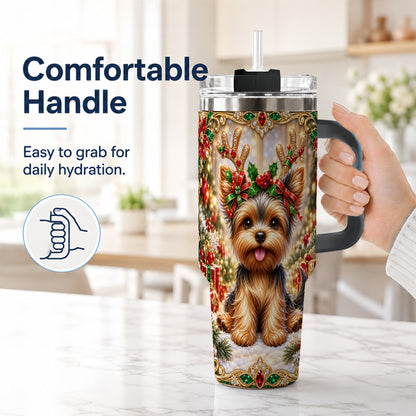 #pl[40oz|Black] Christmas Yorkie 40oz Tumbler with Handle, Reindeer Dog Travel Cup