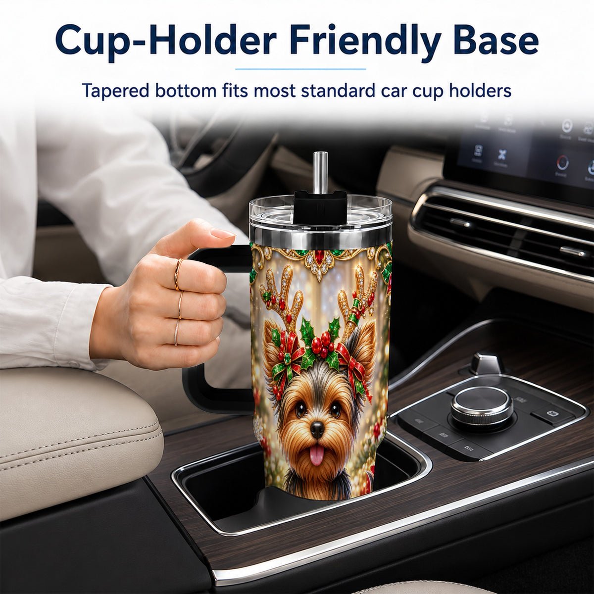 #pl[40oz|Black] Christmas Yorkie 40oz Tumbler with Handle, Reindeer Dog Travel Cup