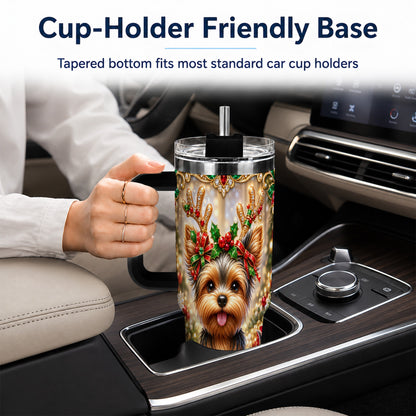 #pl[40oz|Black] Christmas Yorkie 40oz Tumbler with Handle, Reindeer Dog Travel Cup