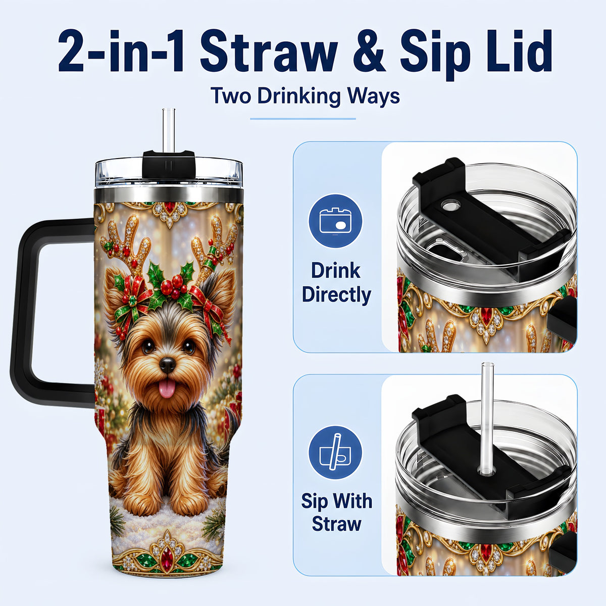 #pl[40oz|Black] Christmas Yorkie 40oz Tumbler with Handle, Reindeer Dog Travel Cup