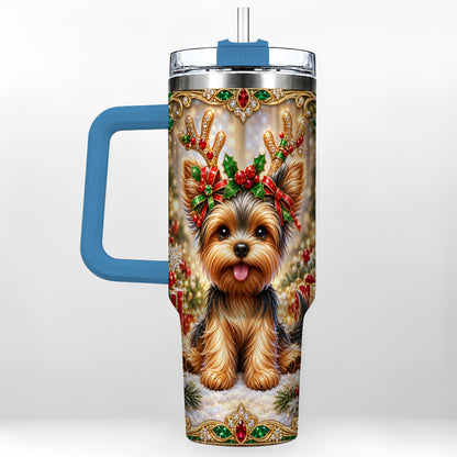 #pl[40oz|Blue] Christmas Yorkie 40oz Tumbler with Handle, Reindeer Dog Travel Cup