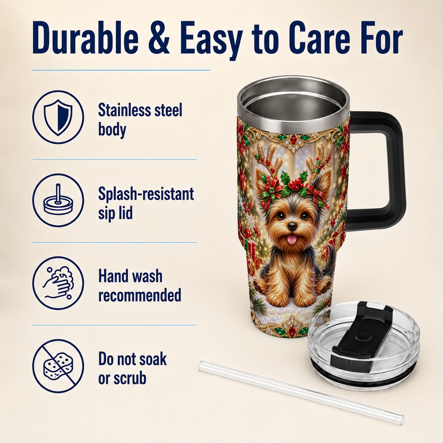 #pl[40oz|Black] Christmas Yorkie 40oz Tumbler with Handle, Reindeer Dog Travel Cup