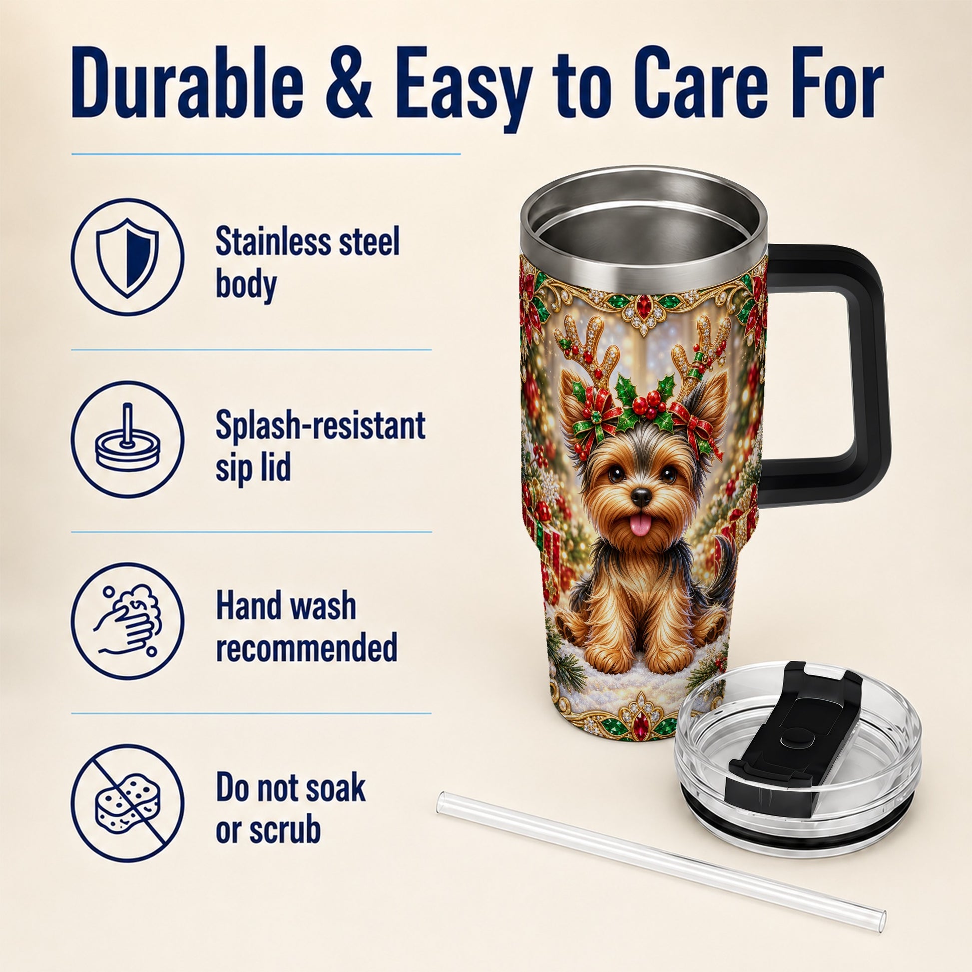 #pl[40oz|Black] Christmas Yorkie 40oz Tumbler with Handle, Reindeer Dog Travel Cup