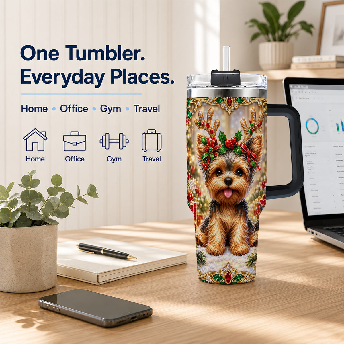#pl[40oz|Black] Christmas Yorkie 40oz Tumbler with Handle, Reindeer Dog Travel Cup