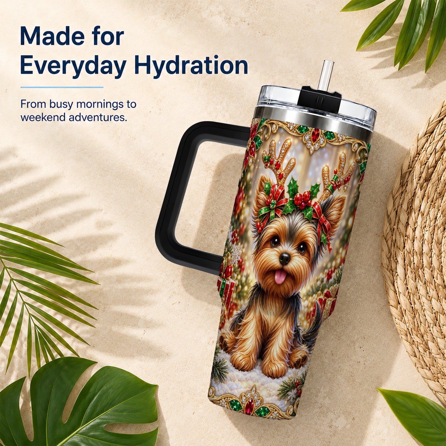 #pl[40oz|Black] Christmas Yorkie 40oz Tumbler with Handle, Reindeer Dog Travel Cup