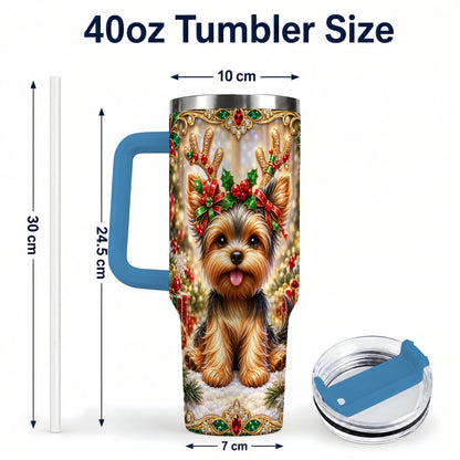 #pl[40oz|Blue] Christmas Yorkie 40oz Tumbler with Handle, Reindeer Dog Travel Cup