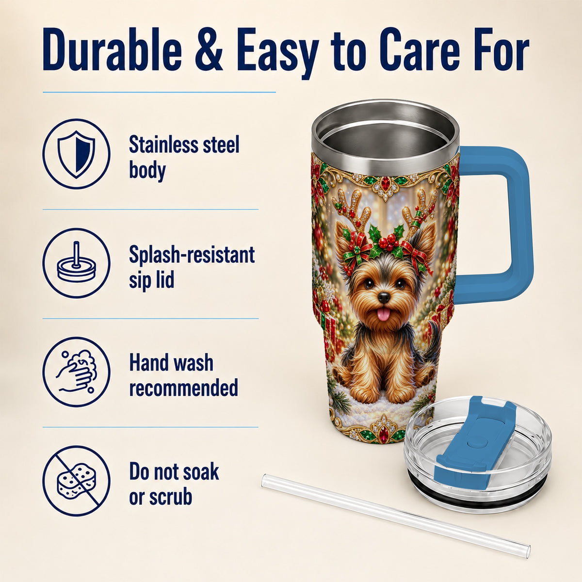 #pl[40oz|Blue] Christmas Yorkie 40oz Tumbler with Handle, Reindeer Dog Travel Cup