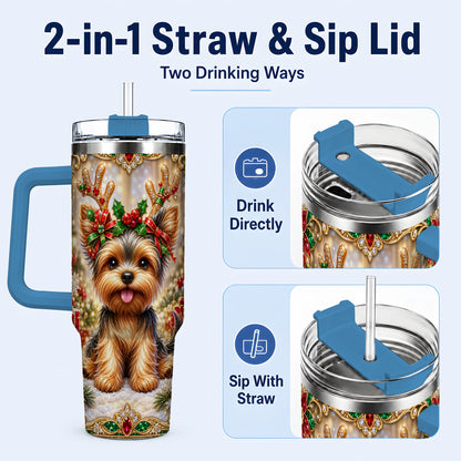 #pl[40oz|Blue] Christmas Yorkie 40oz Tumbler with Handle, Reindeer Dog Travel Cup