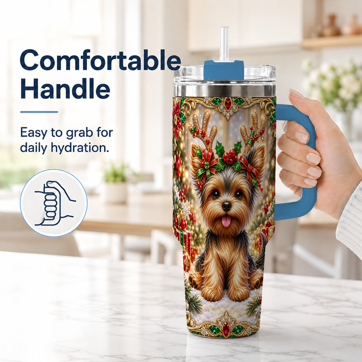 #pl[40oz|Blue] Christmas Yorkie 40oz Tumbler with Handle, Reindeer Dog Travel Cup