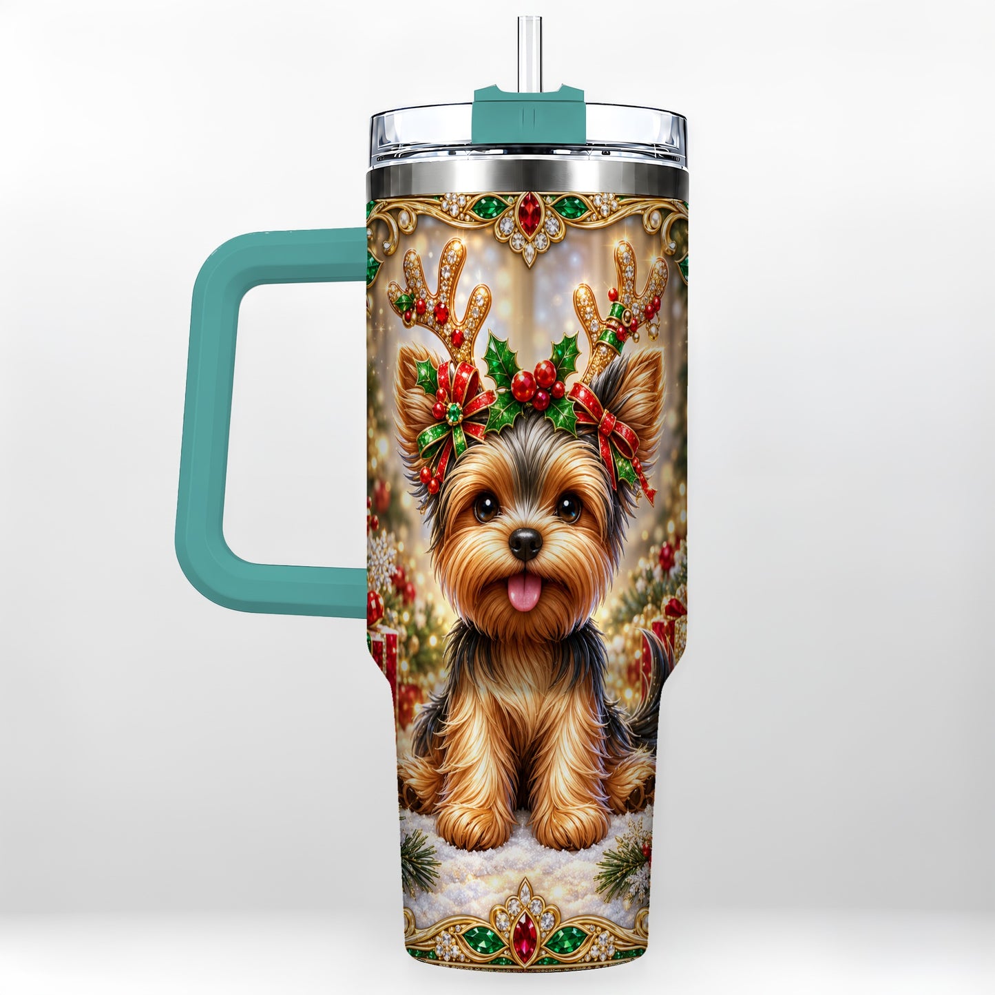 #pl[40oz|Green] Christmas Yorkie 40oz Tumbler with Handle, Reindeer Dog Travel Cup