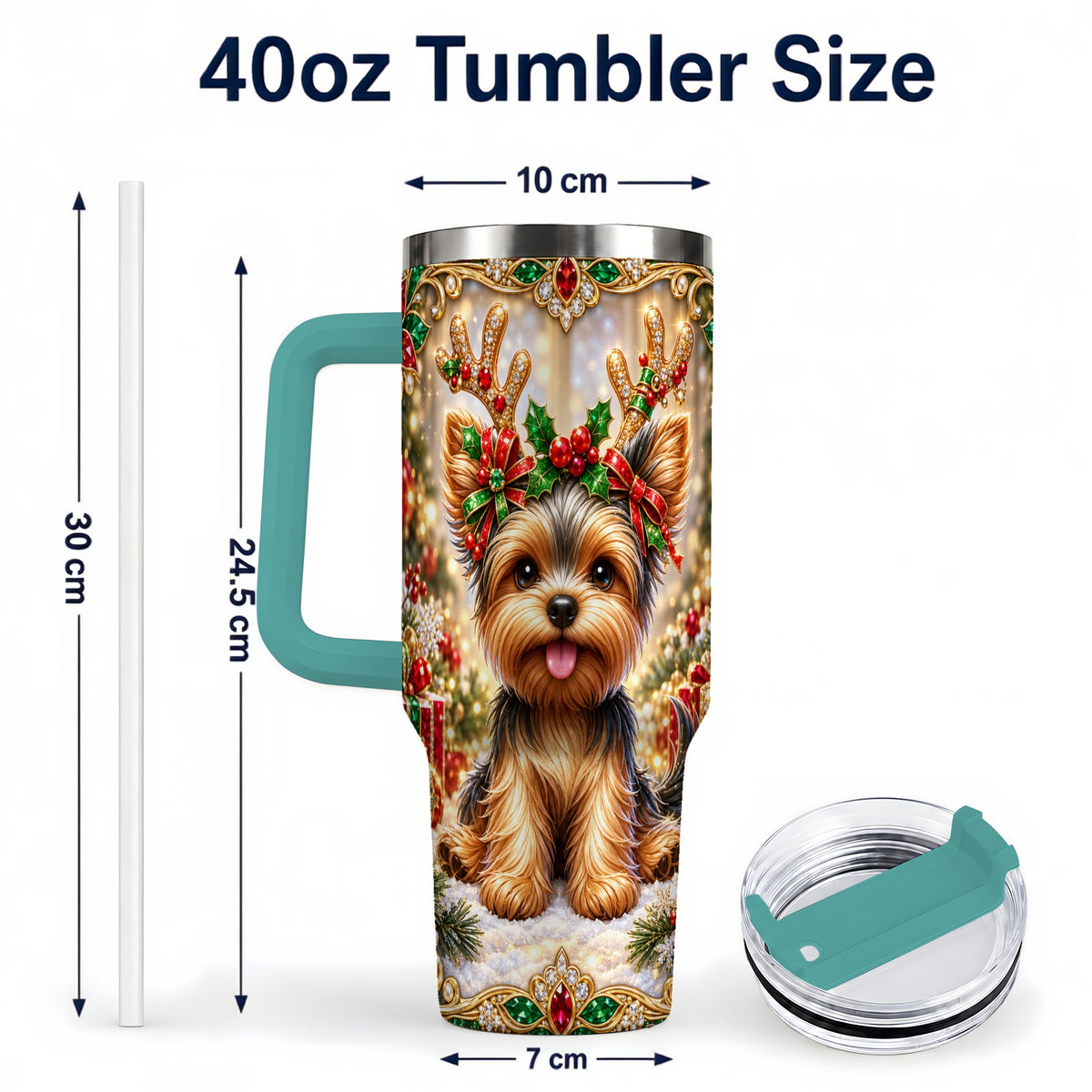 #pl[40oz|Green] Christmas Yorkie 40oz Tumbler with Handle, Reindeer Dog Travel Cup