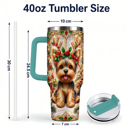 #pl[40oz|Green] Christmas Yorkie 40oz Tumbler with Handle, Reindeer Dog Travel Cup