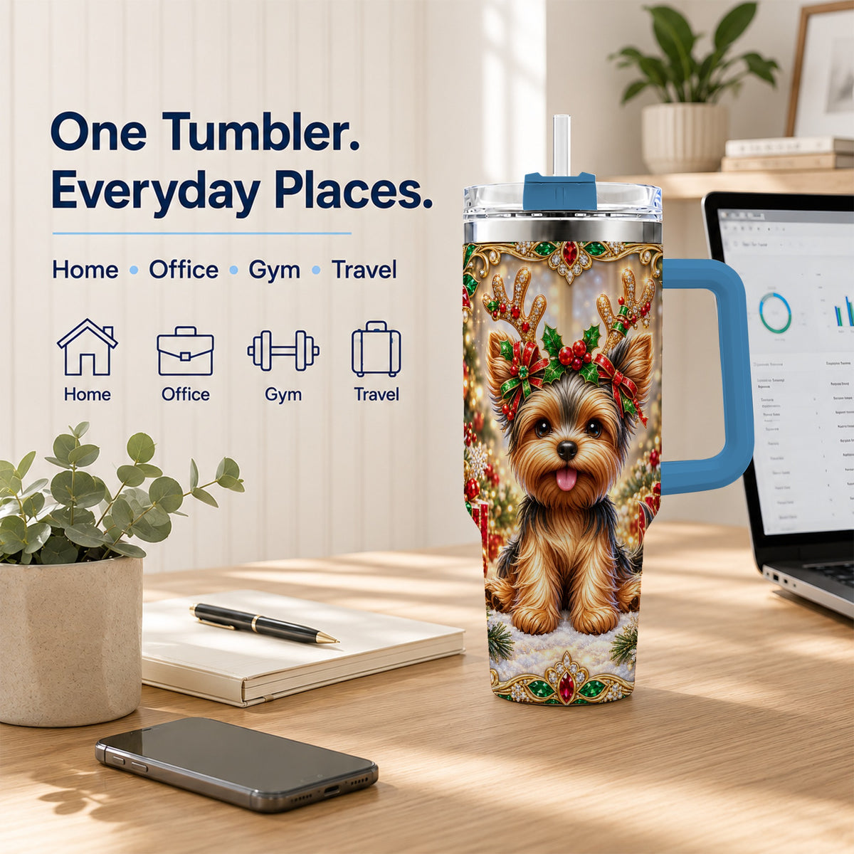#pl[40oz|Blue] Christmas Yorkie 40oz Tumbler with Handle, Reindeer Dog Travel Cup