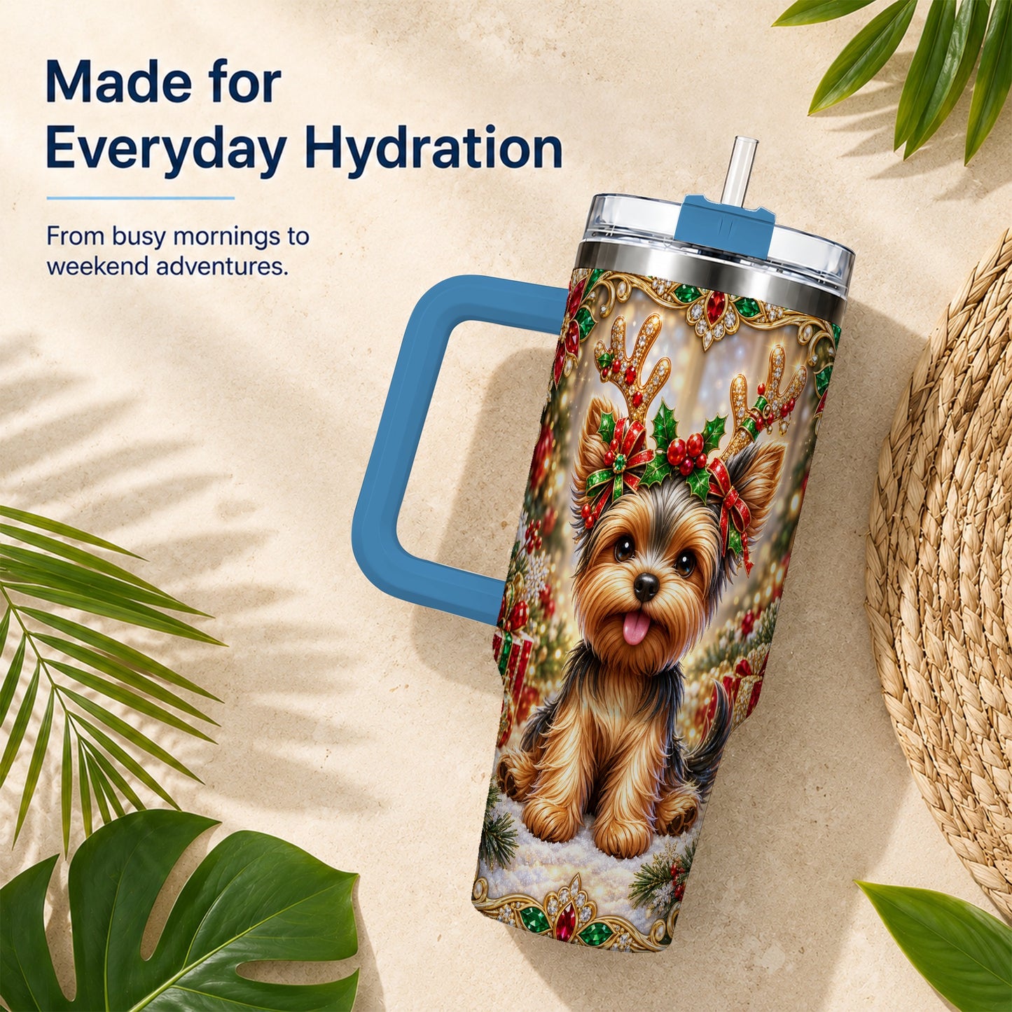 #pl[40oz|Blue] Christmas Yorkie 40oz Tumbler with Handle, Reindeer Dog Travel Cup
