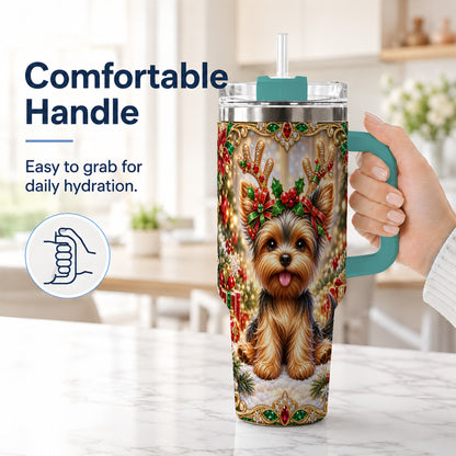 #pl[40oz|Green] Christmas Yorkie 40oz Tumbler with Handle, Reindeer Dog Travel Cup