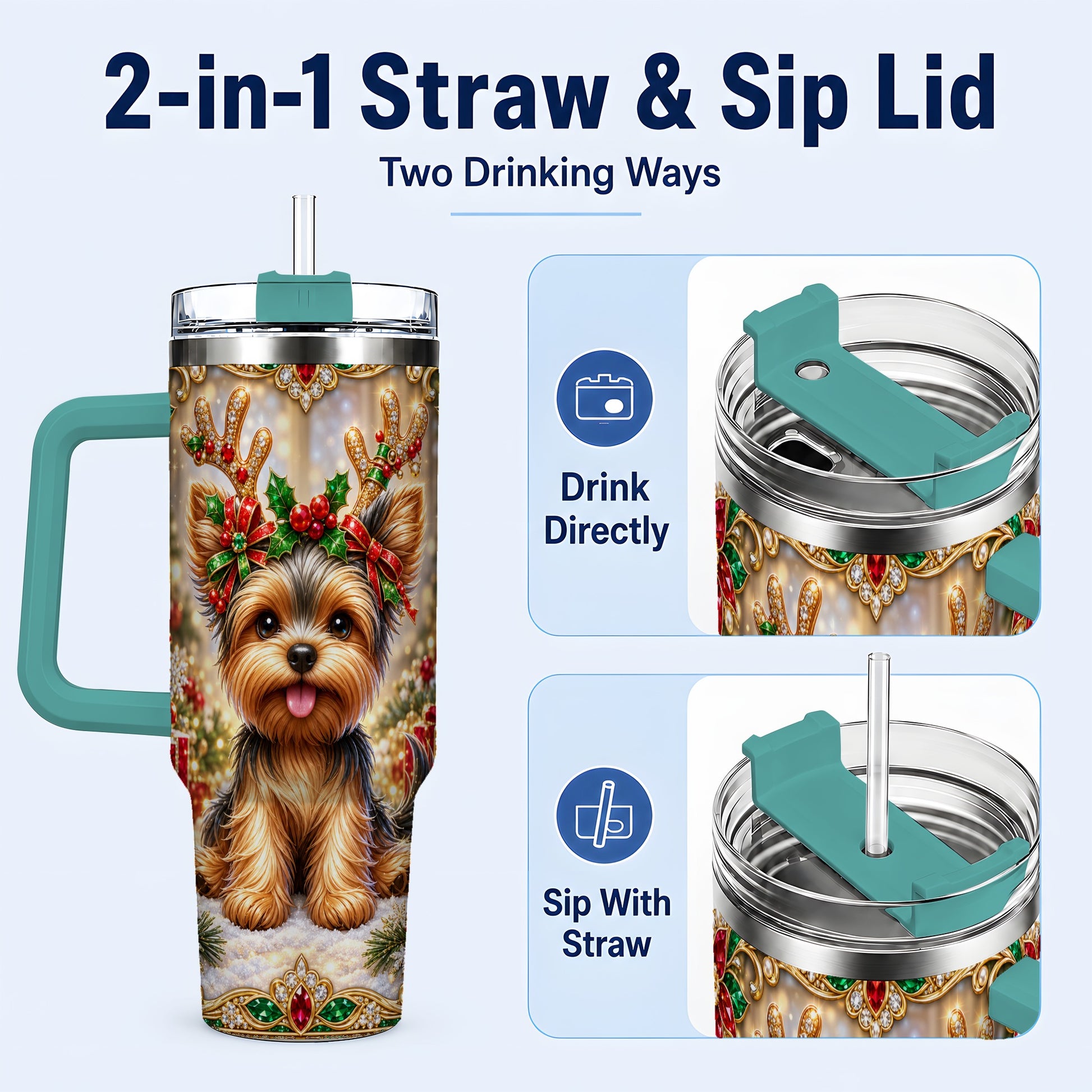 #pl[40oz|Green] Christmas Yorkie 40oz Tumbler with Handle, Reindeer Dog Travel Cup