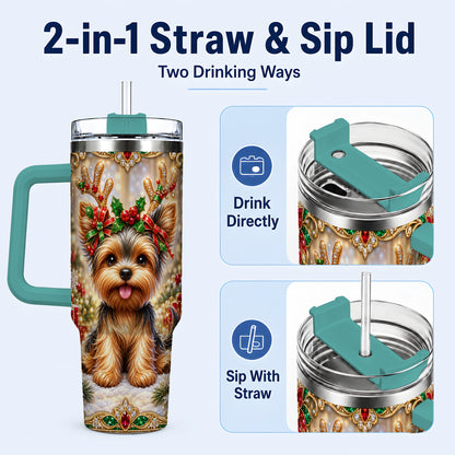 #pl[40oz|Green] Christmas Yorkie 40oz Tumbler with Handle, Reindeer Dog Travel Cup
