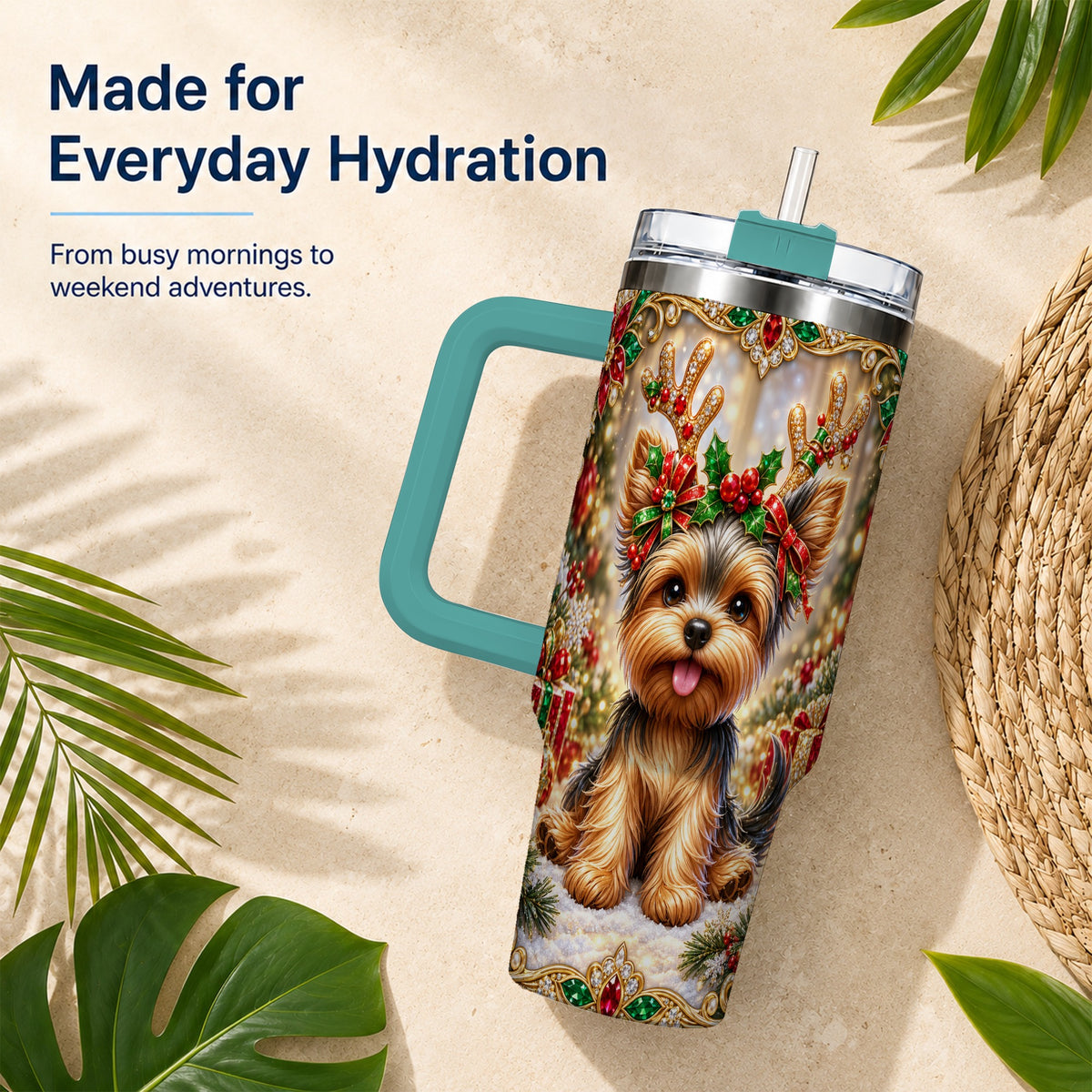 #pl[40oz|Green] Christmas Yorkie 40oz Tumbler with Handle, Reindeer Dog Travel Cup