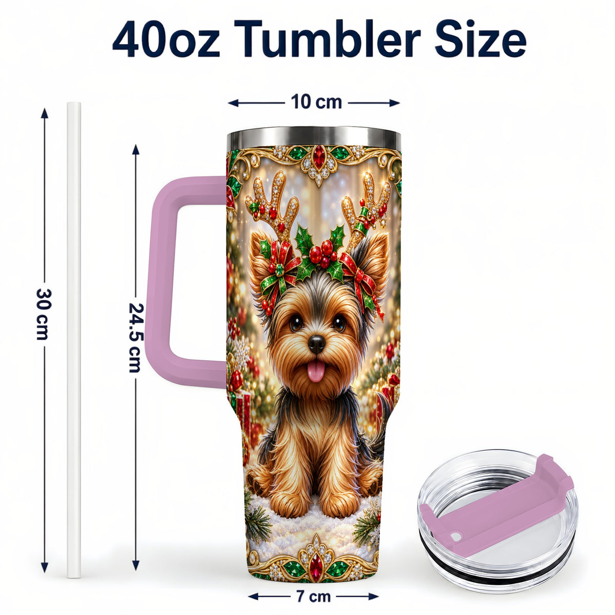 #pl[40oz|Pink] Christmas Yorkie 40oz Tumbler with Handle, Reindeer Dog Travel Cup