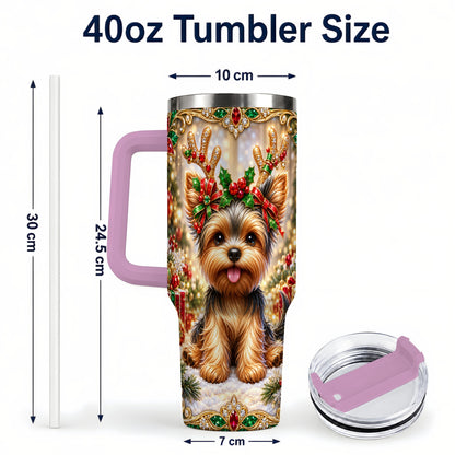 #pl[40oz|Pink] Christmas Yorkie 40oz Tumbler with Handle, Reindeer Dog Travel Cup