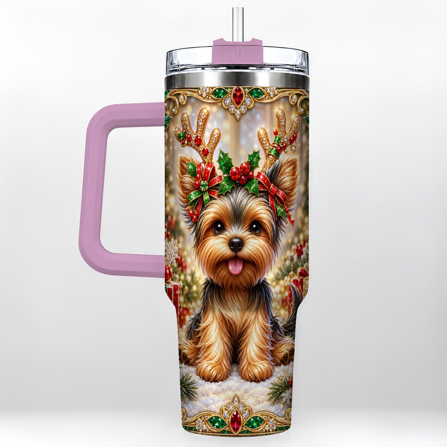 #pl[40oz|Pink] Christmas Yorkie 40oz Tumbler with Handle, Reindeer Dog Travel Cup
