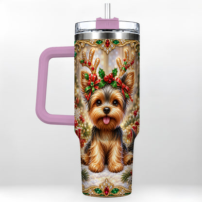 #pl[40oz|Pink] Christmas Yorkie 40oz Tumbler with Handle, Reindeer Dog Travel Cup