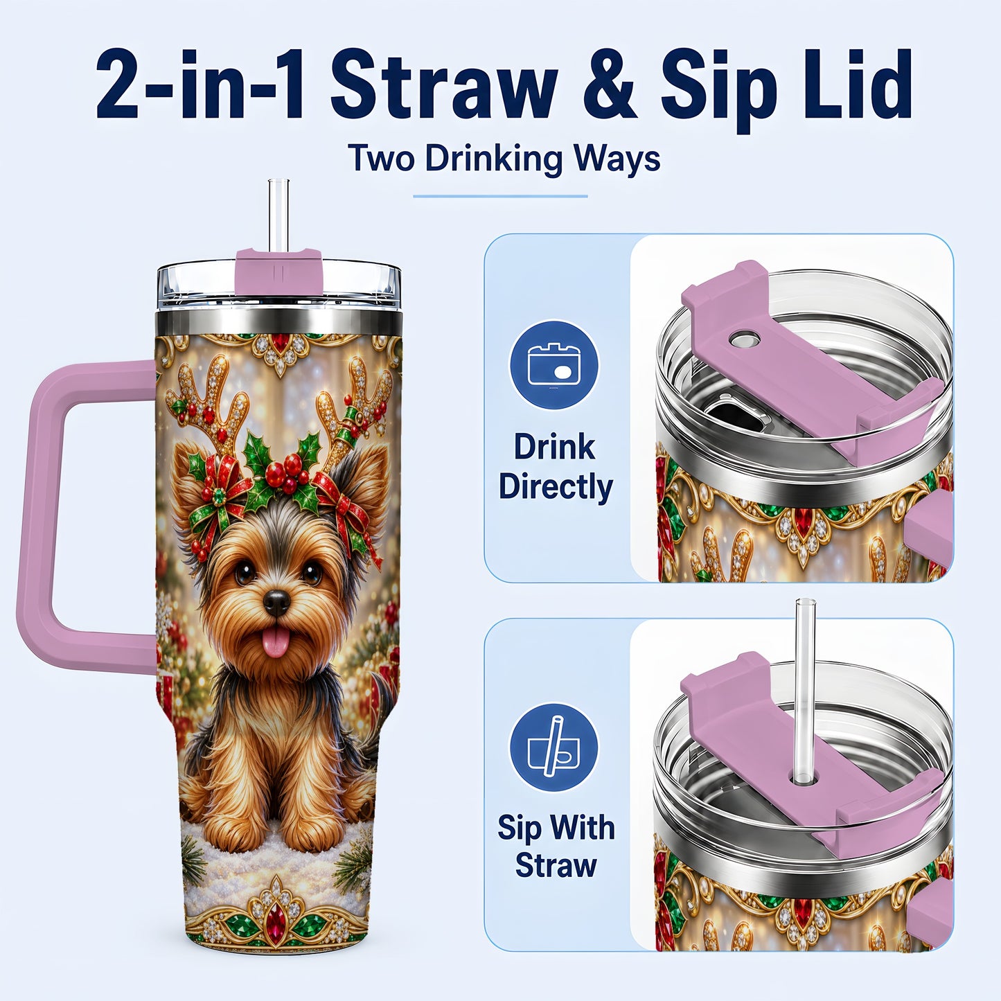 #pl[40oz|Pink] Christmas Yorkie 40oz Tumbler with Handle, Reindeer Dog Travel Cup
