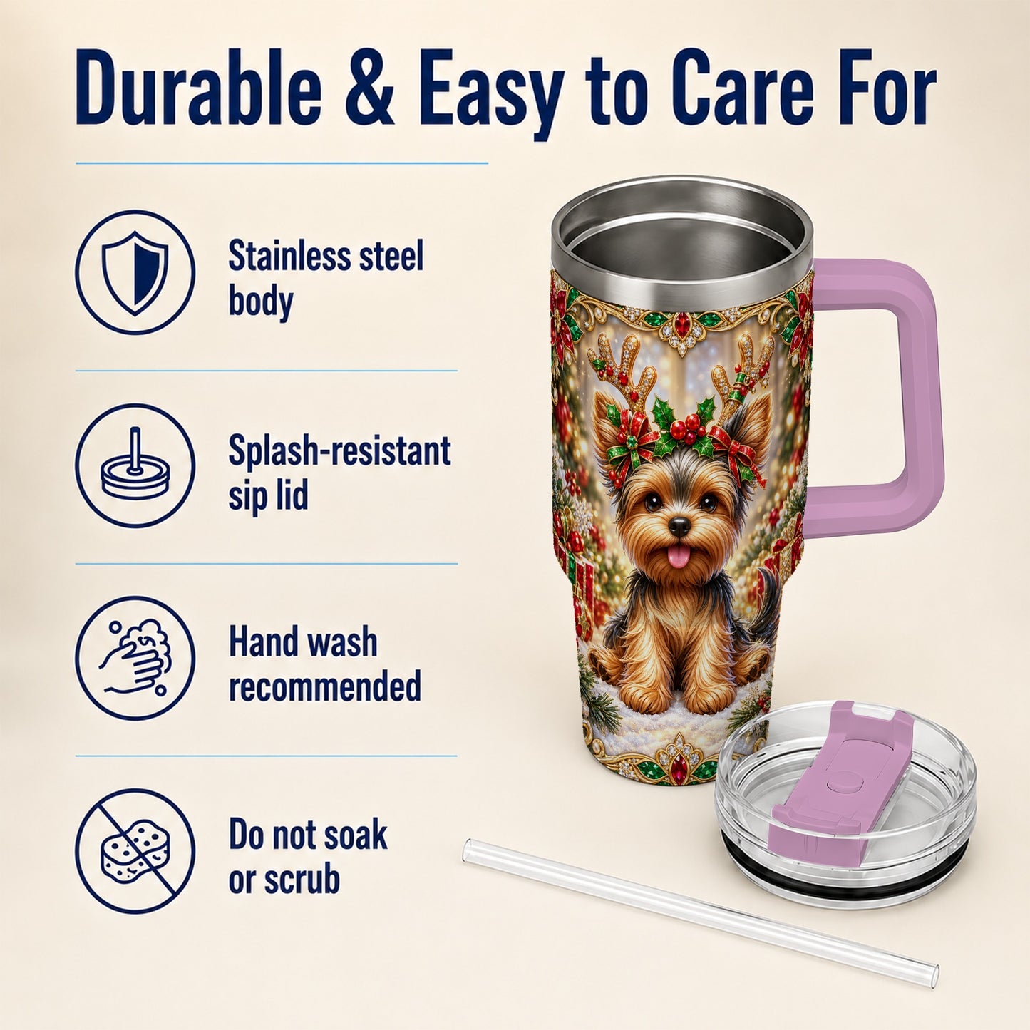 #pl[40oz|Pink] Christmas Yorkie 40oz Tumbler with Handle, Reindeer Dog Travel Cup