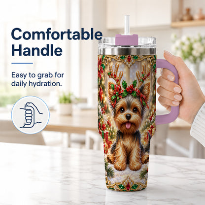 #pl[40oz|Pink] Christmas Yorkie 40oz Tumbler with Handle, Reindeer Dog Travel Cup