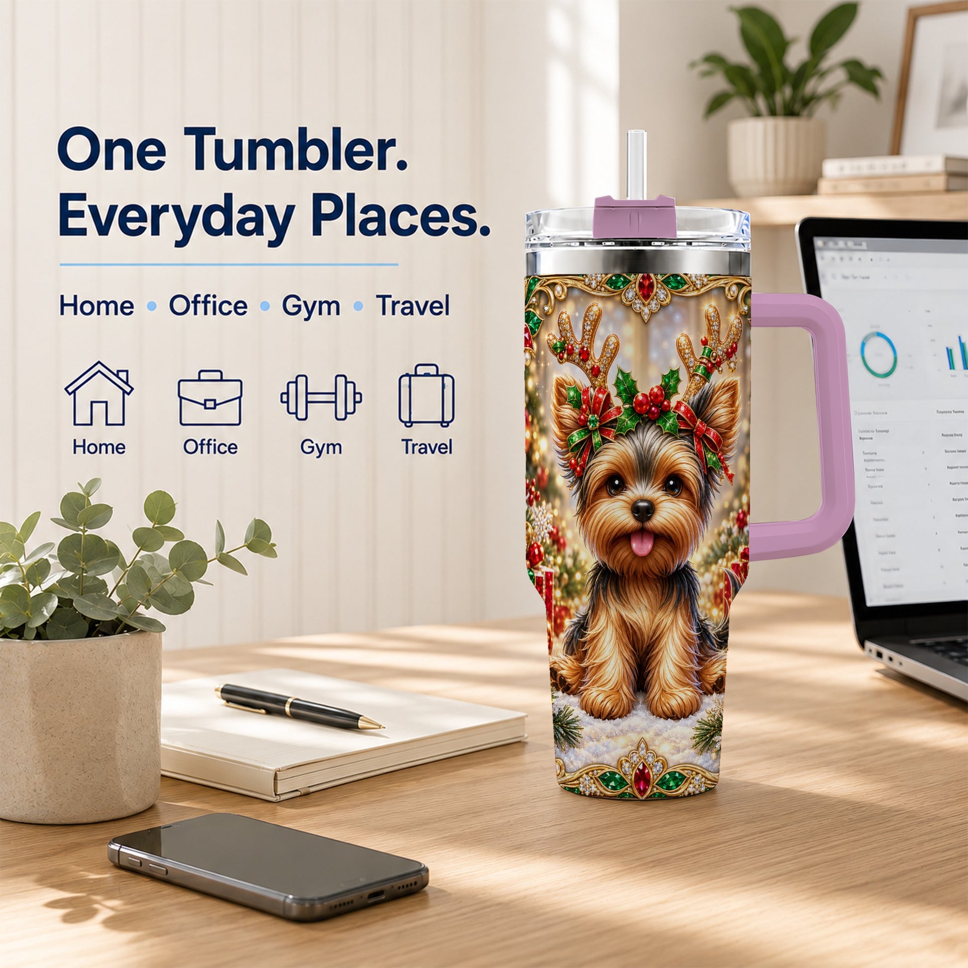 #pl[40oz|Pink] Christmas Yorkie 40oz Tumbler with Handle, Reindeer Dog Travel Cup