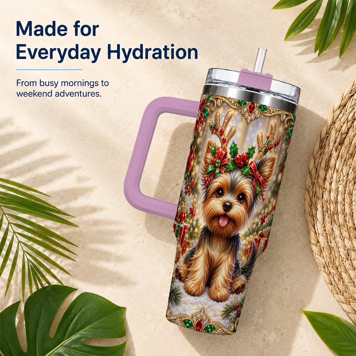 #pl[40oz|Pink] Christmas Yorkie 40oz Tumbler with Handle, Reindeer Dog Travel Cup