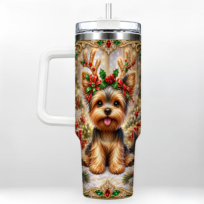 Christmas Yorkie 40oz Tumbler with Handle, Reindeer Dog Travel Cup