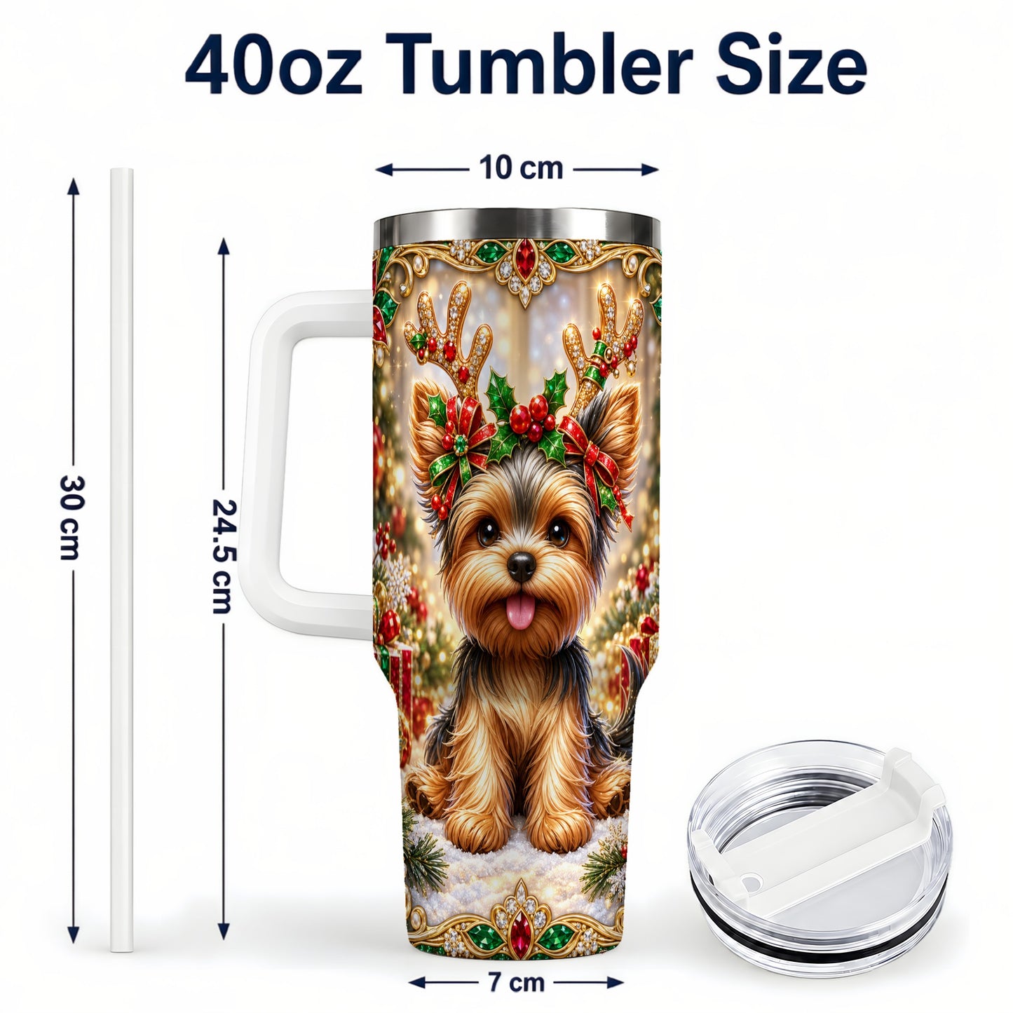#pl[40oz|White] Christmas Yorkie 40oz Tumbler with Handle, Reindeer Dog Travel Cup