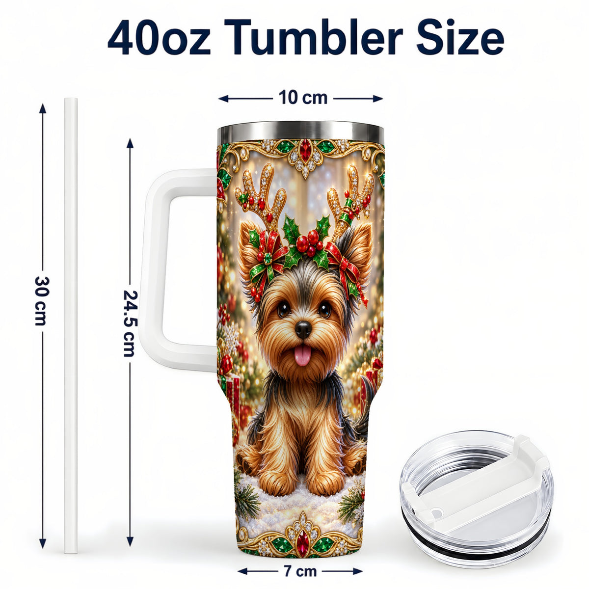 #pl[40oz|White] Christmas Yorkie 40oz Tumbler with Handle, Reindeer Dog Travel Cup