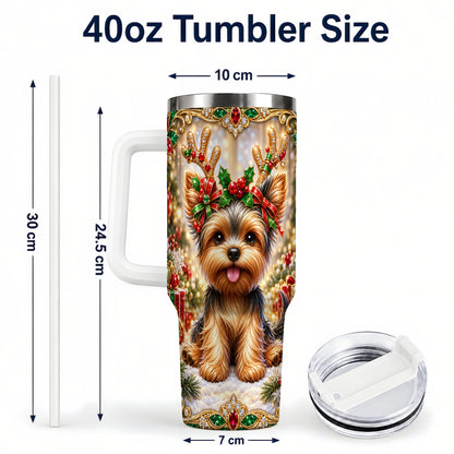 #pl[40oz|White] Christmas Yorkie 40oz Tumbler with Handle, Reindeer Dog Travel Cup