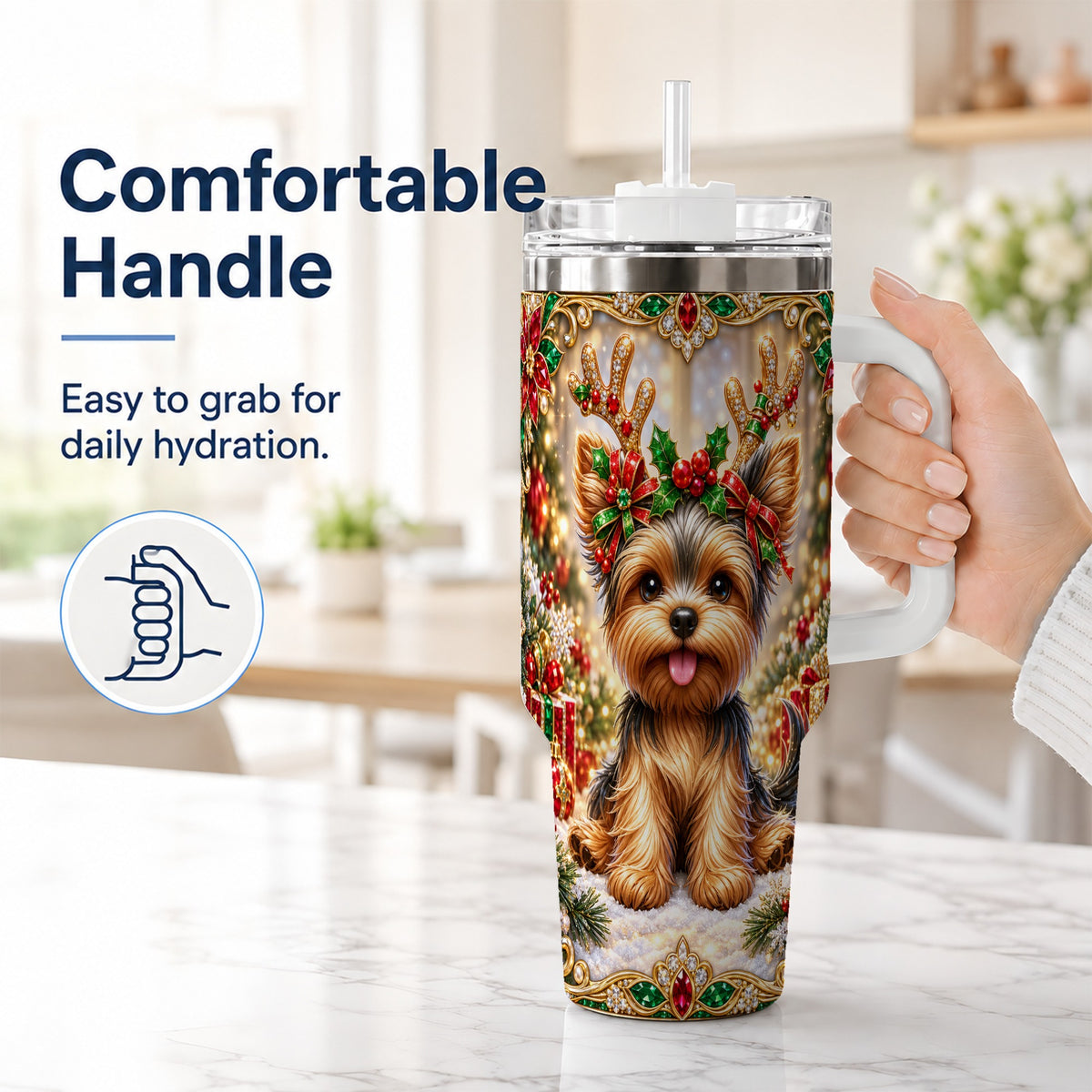 #pl[40oz|White] Christmas Yorkie 40oz Tumbler with Handle, Reindeer Dog Travel Cup