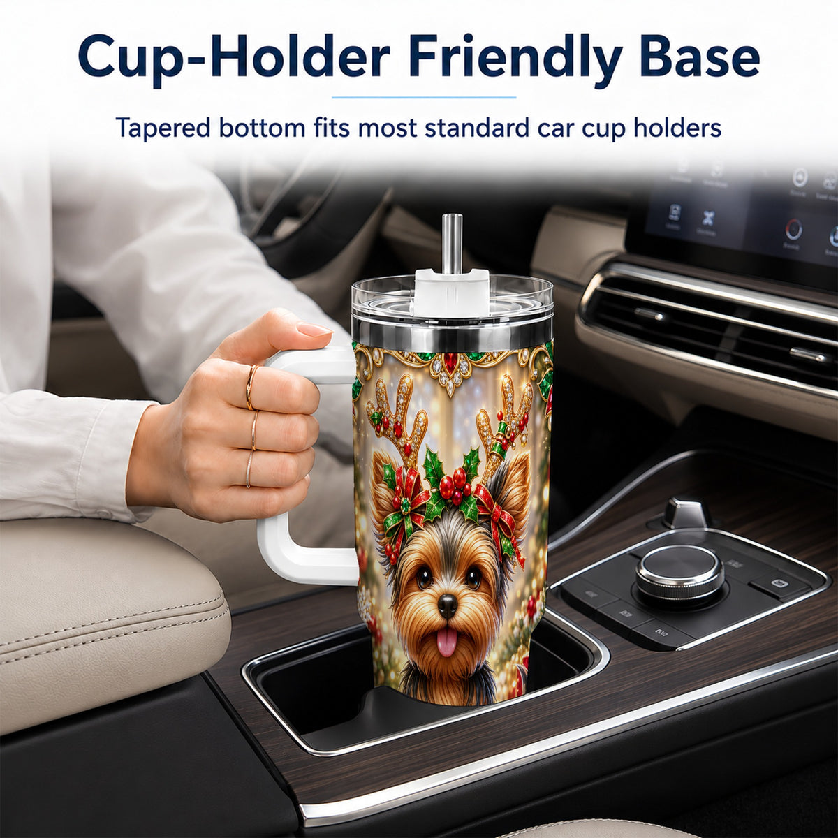 #pl[40oz|White] Christmas Yorkie 40oz Tumbler with Handle, Reindeer Dog Travel Cup