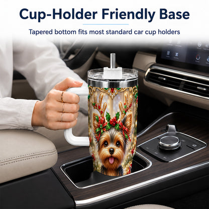 #pl[40oz|White] Christmas Yorkie 40oz Tumbler with Handle, Reindeer Dog Travel Cup