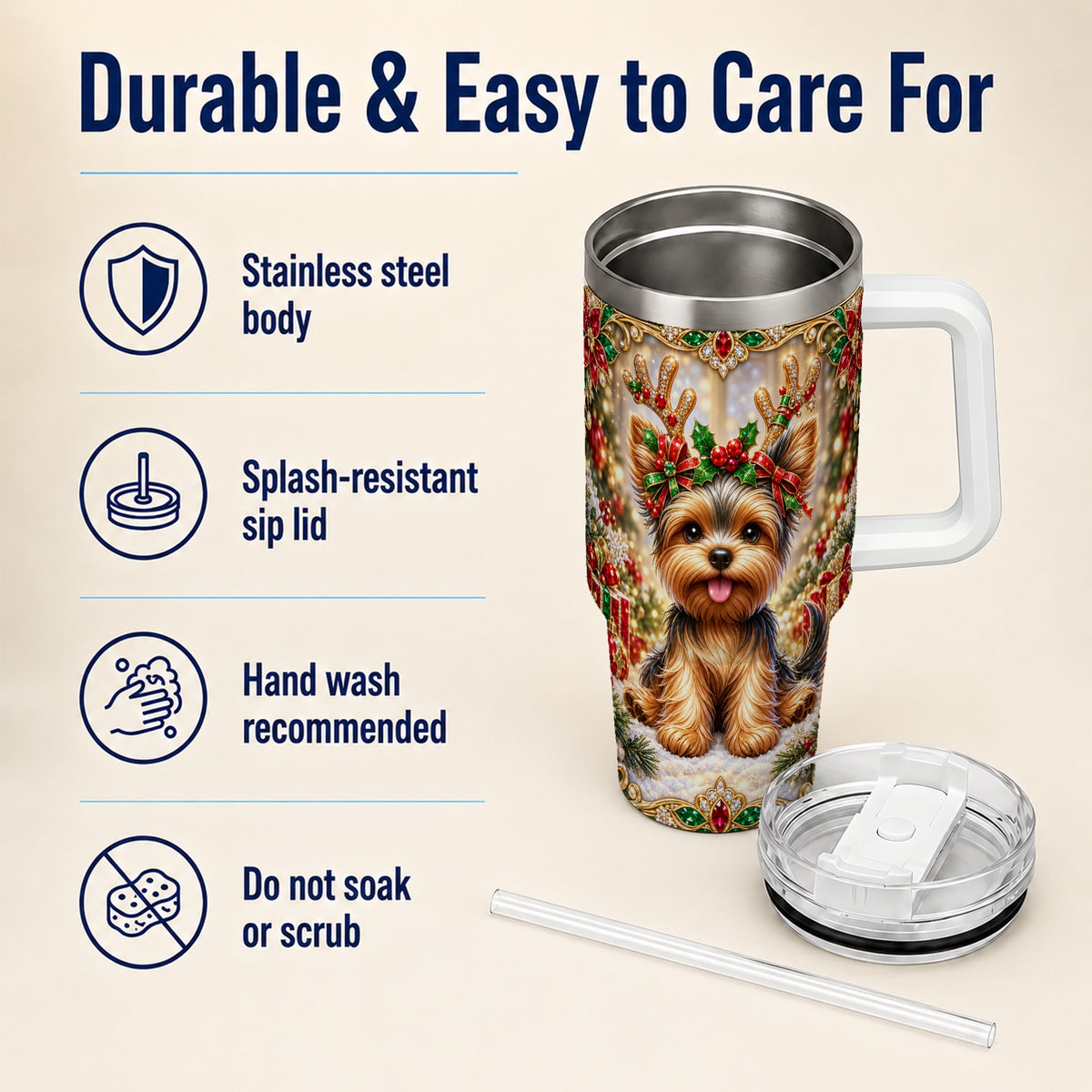 #pl[40oz|White] Christmas Yorkie 40oz Tumbler with Handle, Reindeer Dog Travel Cup