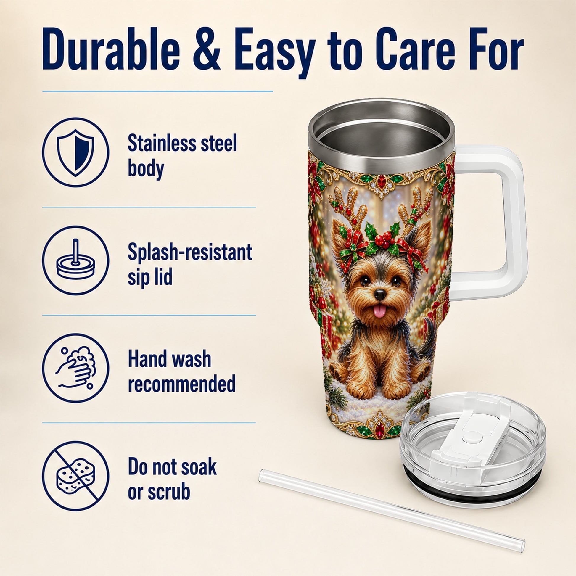#pl[40oz|White] Christmas Yorkie 40oz Tumbler with Handle, Reindeer Dog Travel Cup