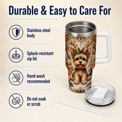 #pl[40oz|White] Christmas Yorkie 40oz Tumbler with Handle, Reindeer Dog Travel Cup