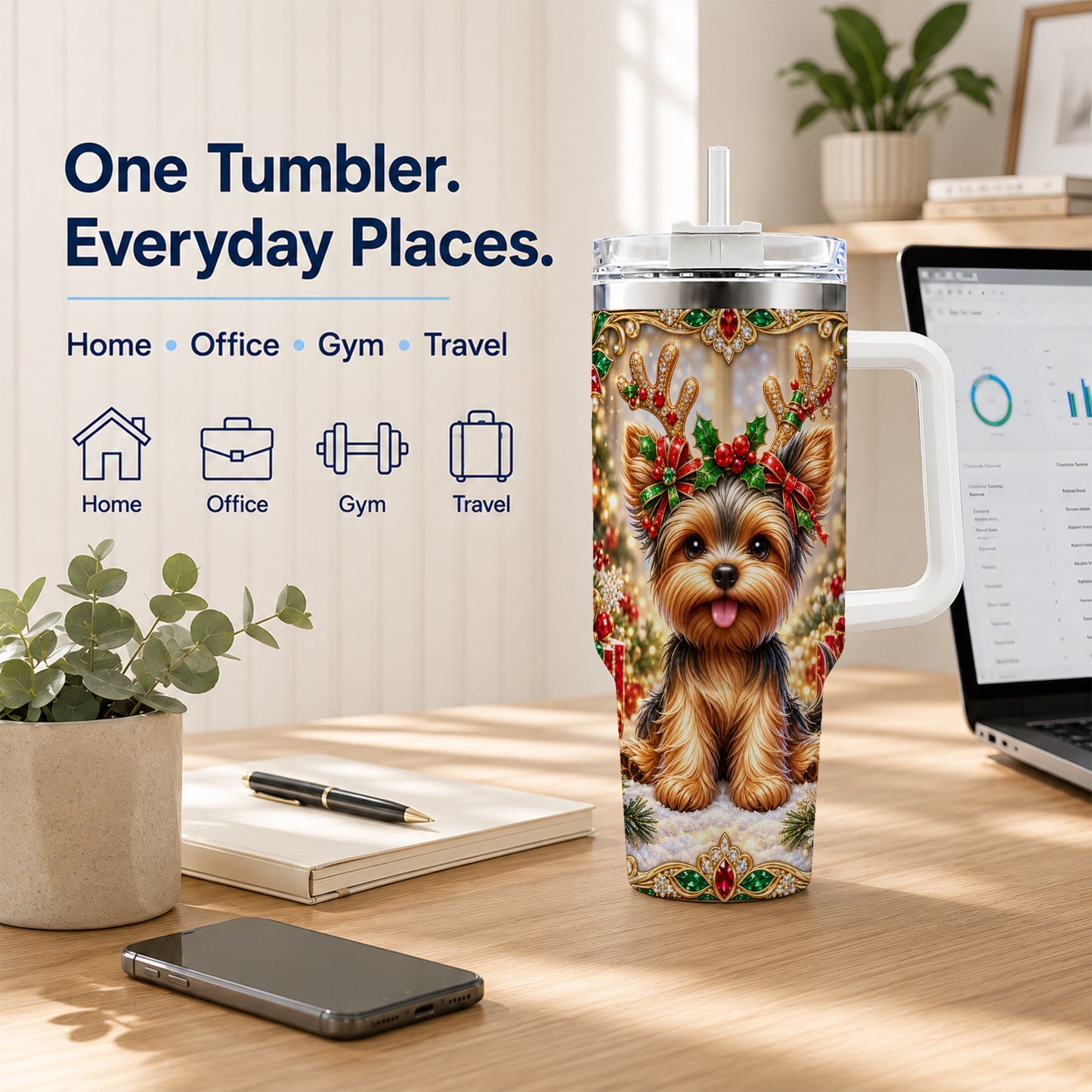 #pl[40oz|White] Christmas Yorkie 40oz Tumbler with Handle, Reindeer Dog Travel Cup