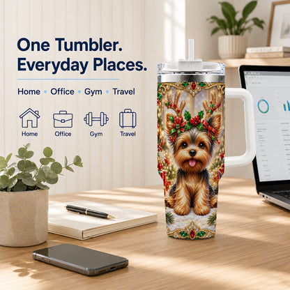 #pl[40oz|White] Christmas Yorkie 40oz Tumbler with Handle, Reindeer Dog Travel Cup